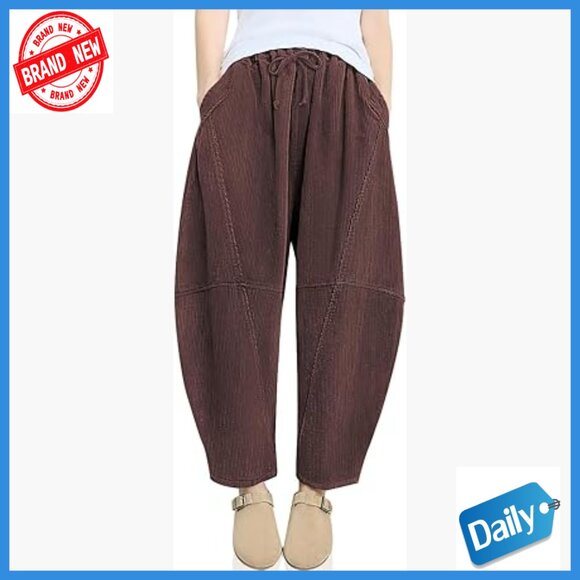 Pants - Corduroy Harem Pants Elastic Waist Wide Leg Loose Fit Casual Trousers